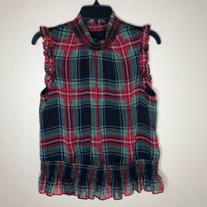 J Crew Plaid Ruffle Sleeveless Top.
